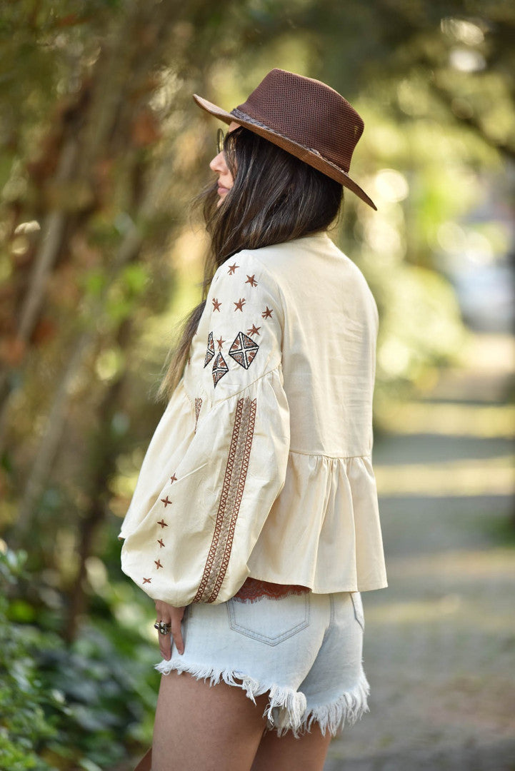 Bohemian Brown Embroidered V-Neck Top