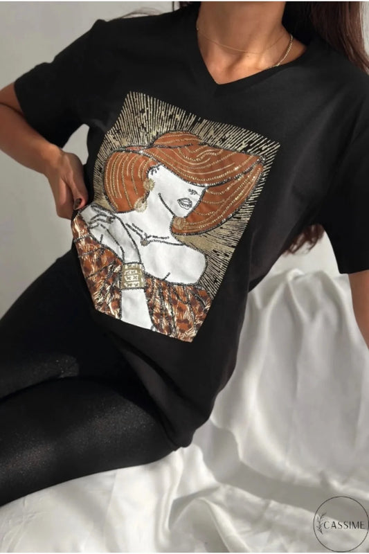 Tilda Gold Çiçek Desenli Pamuklu Kısa Kollu Tişört - Siyah 