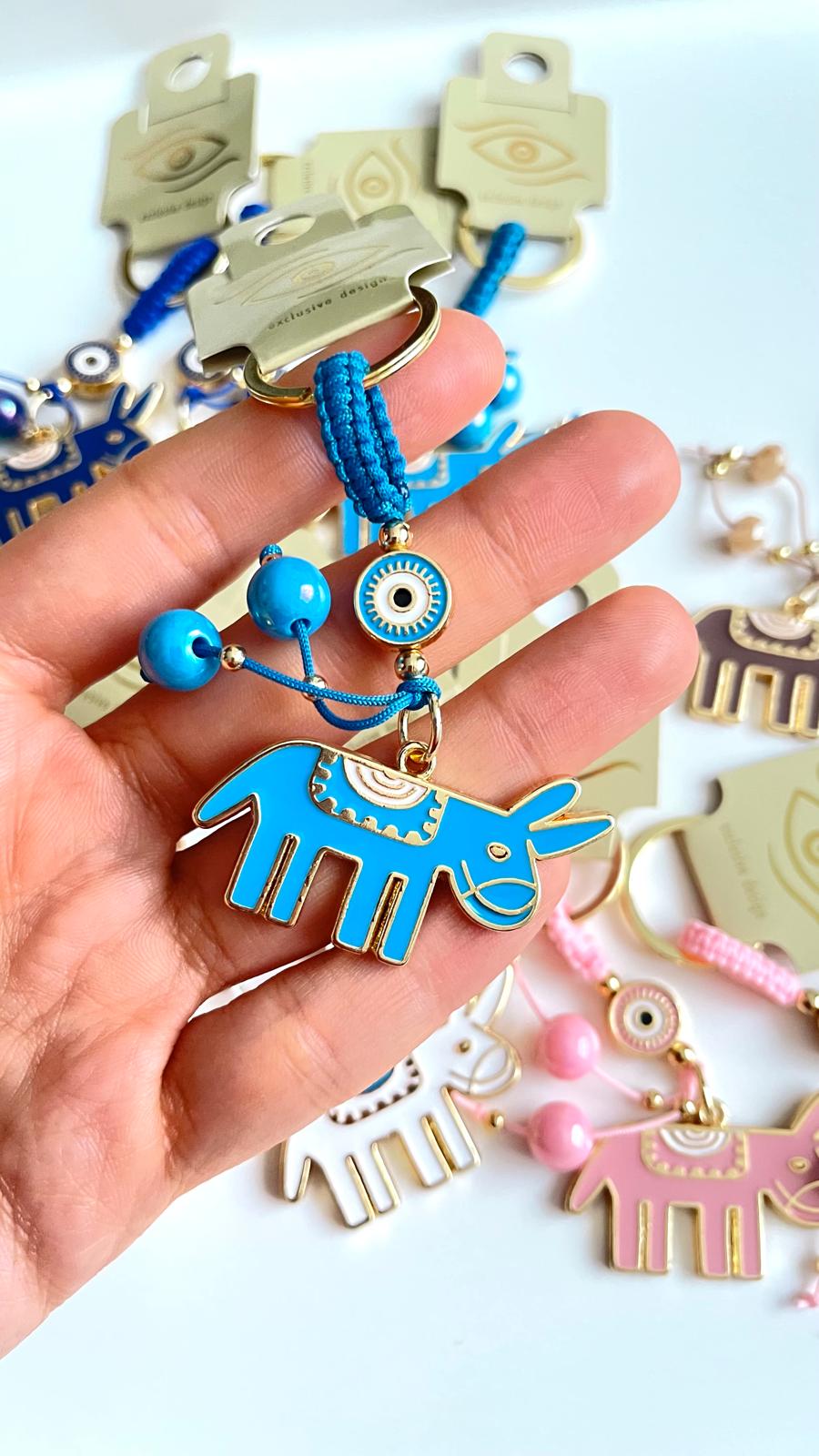 Blue Donkey Design Gold Evil Eye Keychain