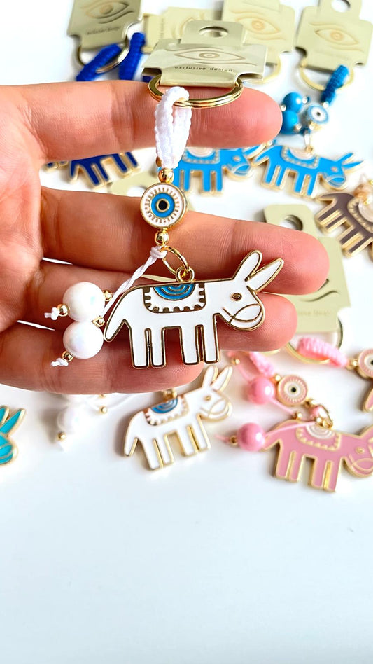 Llavero Diseño Burro Blanco Ojo Turco Dorado