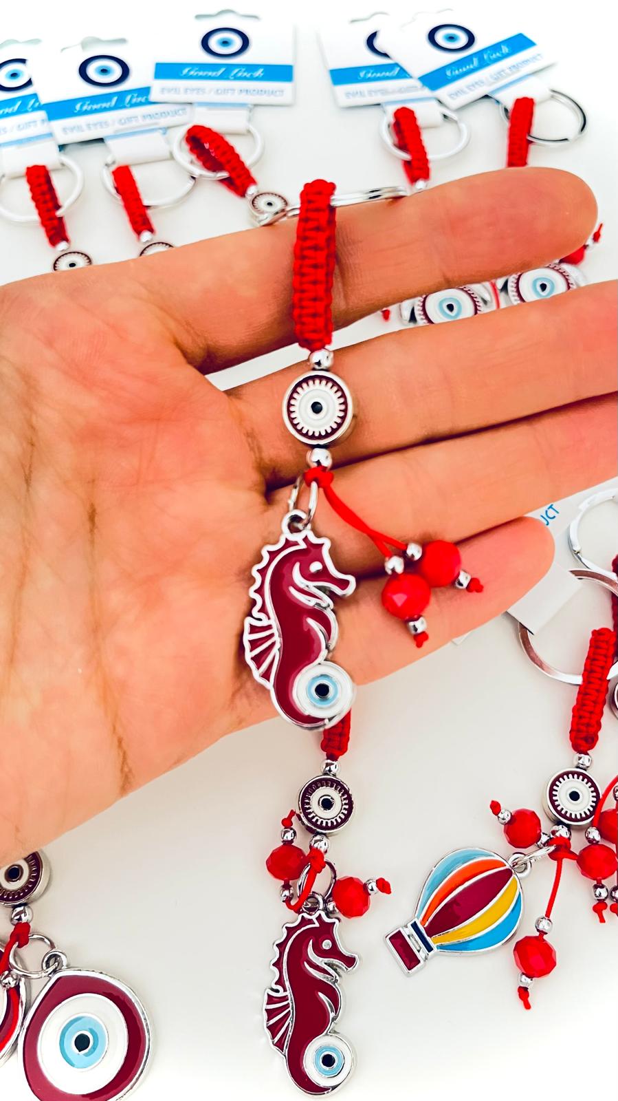 Sea Horse Design Silver Red Evil Eye Keychain