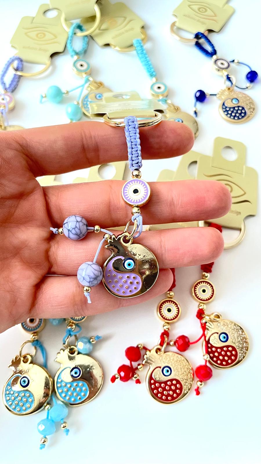 Lavender Pomegranate Abundance Design Gold Evil Eye Keychain