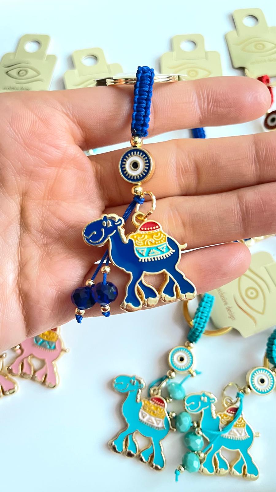 Dark Blue Camel Design Gold Evil Eye Keychain