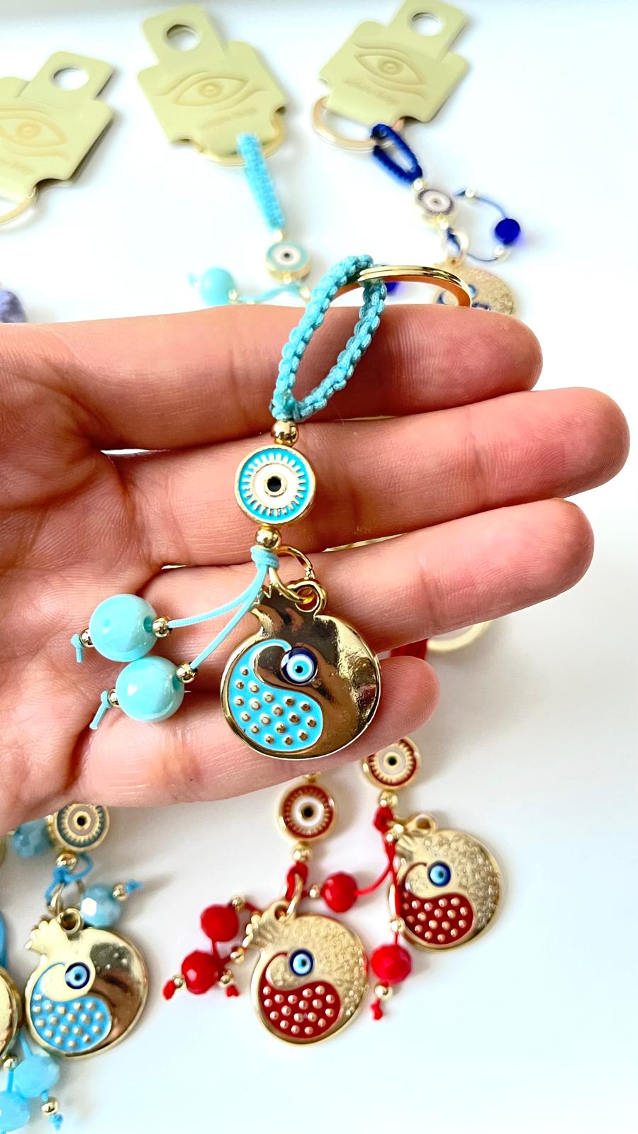 Turquoise Pomegranate Abundance Design Gold Evil Eye Keychain
