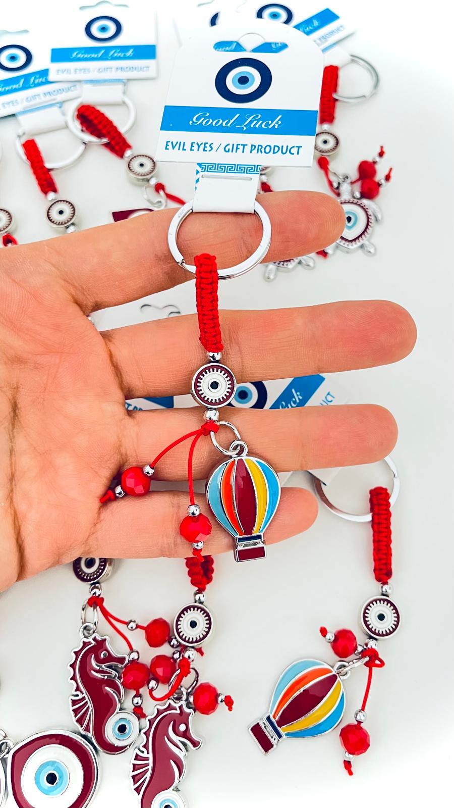 Red Balloon Design Silver Evil Eye Keychain