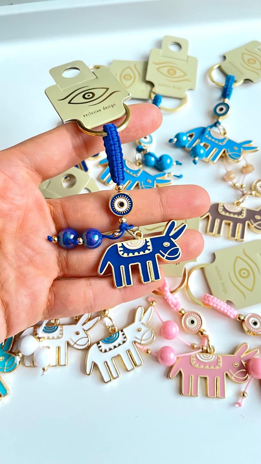 Dark Blue Donkey Design Gold Evil Eye Keychain