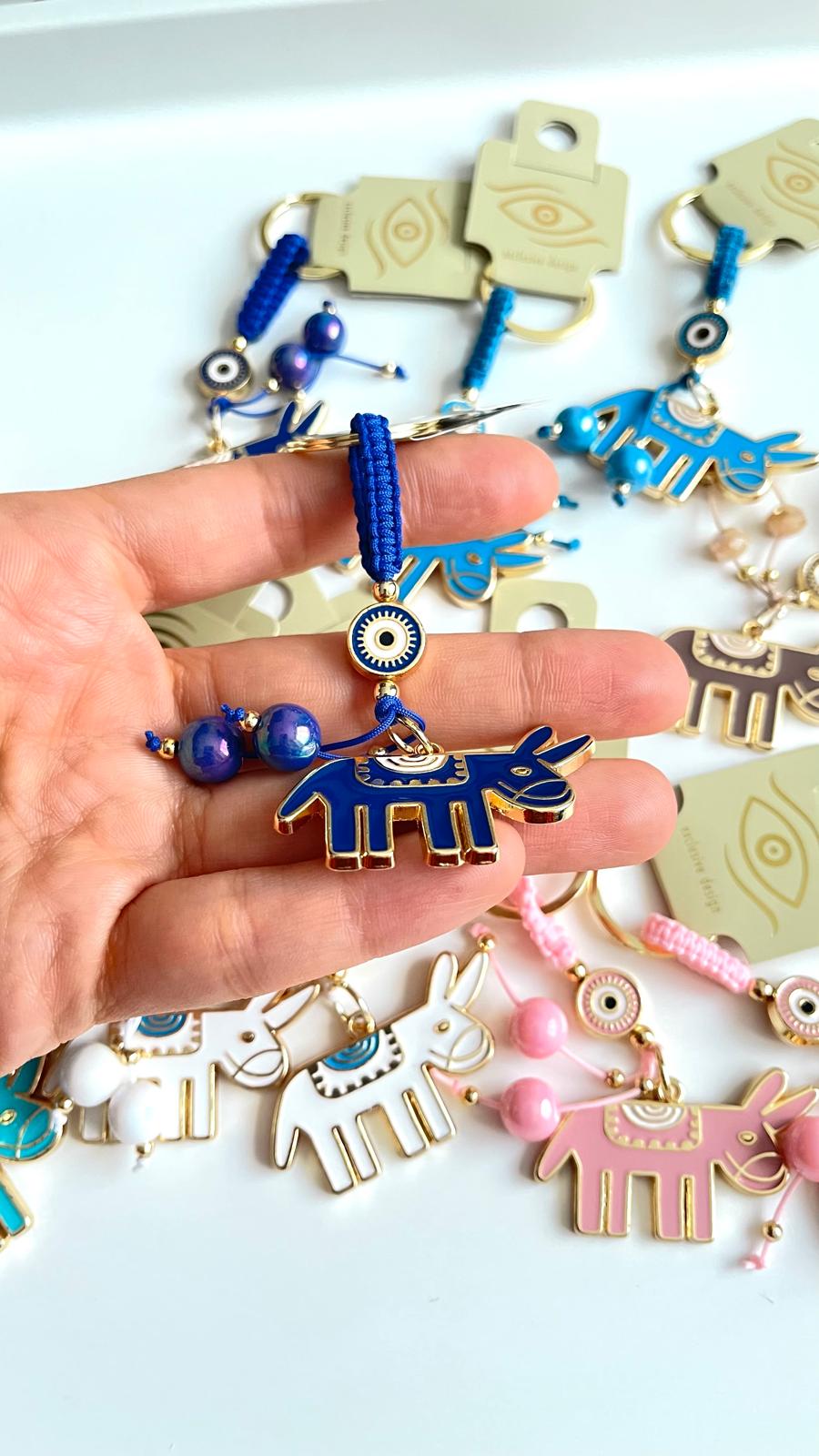 Dark Blue Donkey Design Gold Evil Eye Keychain