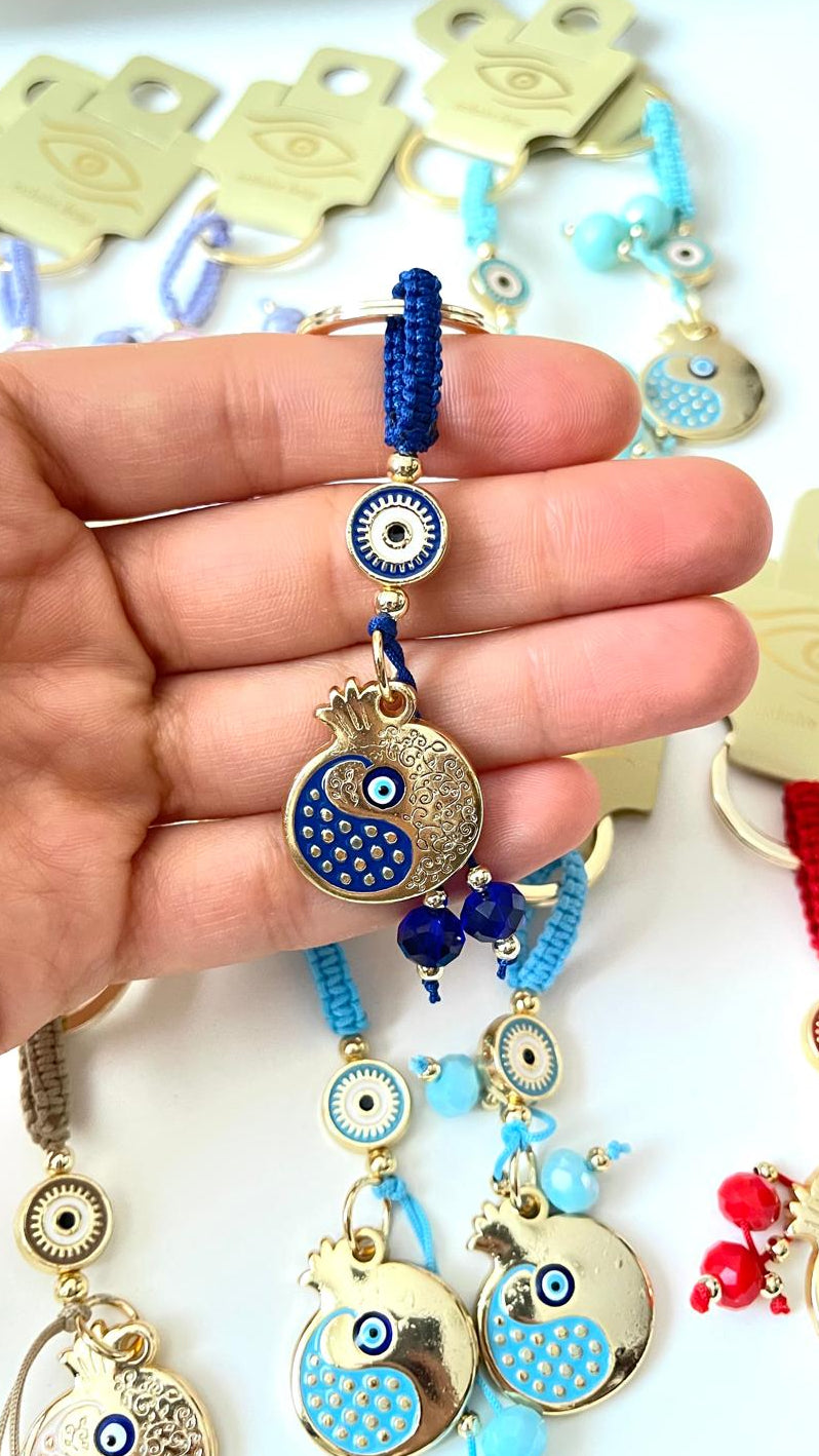 Dark Blue Pomegranate Abundance Design Gold Evil Eye Keychain