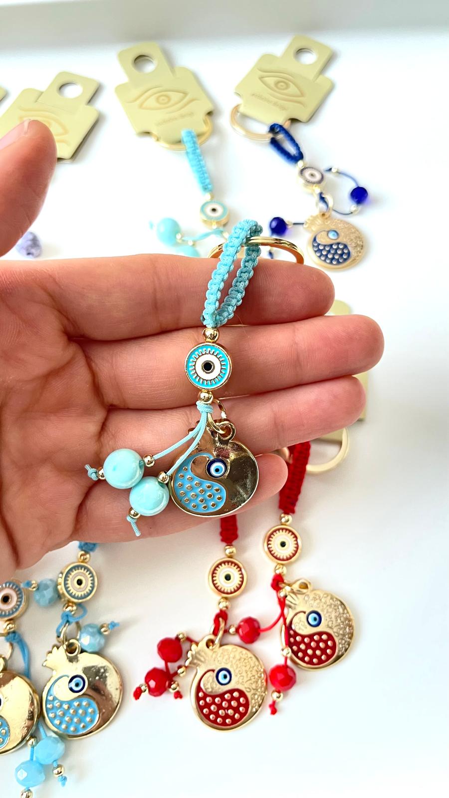 Turquoise Pomegranate Abundance Design Gold Evil Eye Keychain