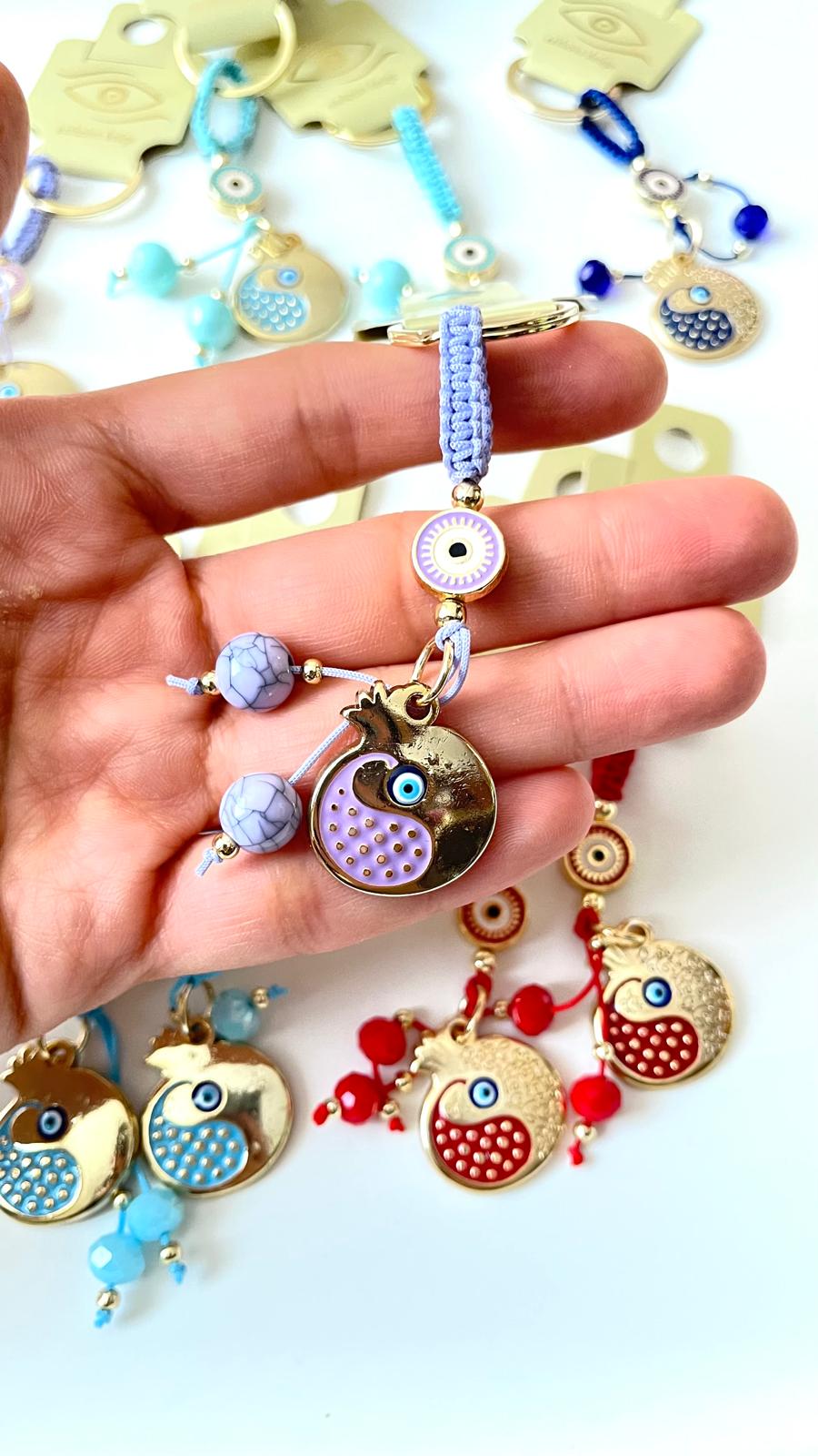 Lavender Pomegranate Abundance Design Gold Evil Eye Keychain