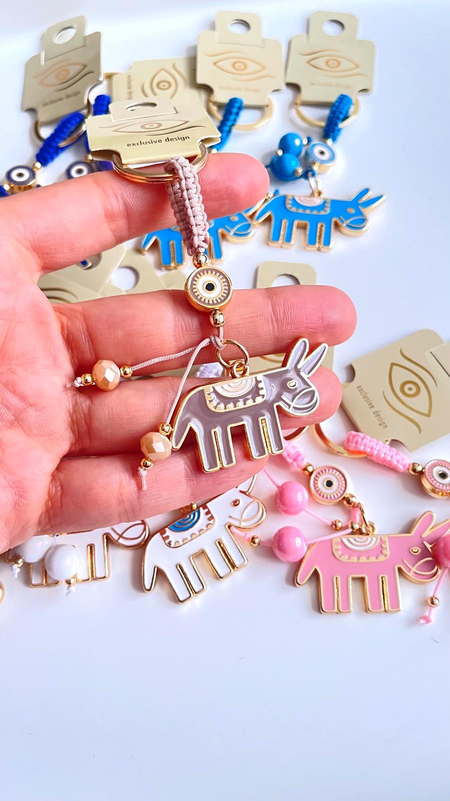 Beige Donkey Design Gold Evil Eye Keychain