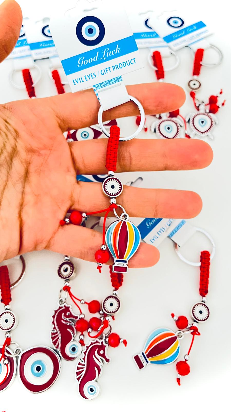 Red Balloon Design Silver Evil Eye Keychain