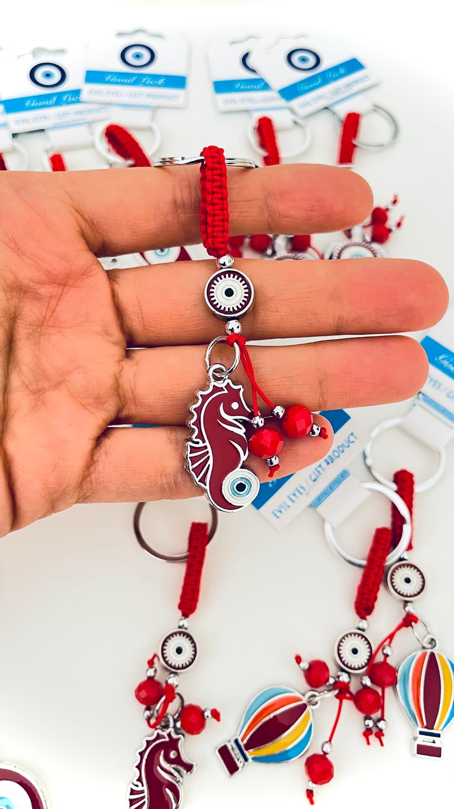 Sea Horse Design Silver Red Evil Eye Keychain