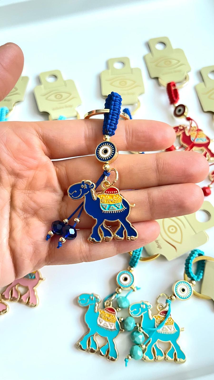 Dark Blue Camel Design Gold Evil Eye Keychain