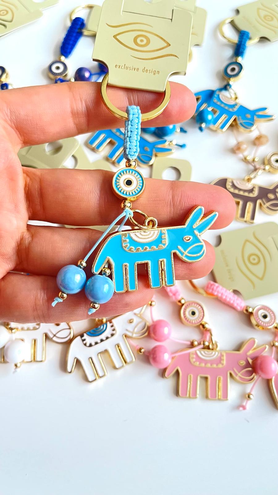 Light Blue Donkey Design Gold Evil Eye Keychain