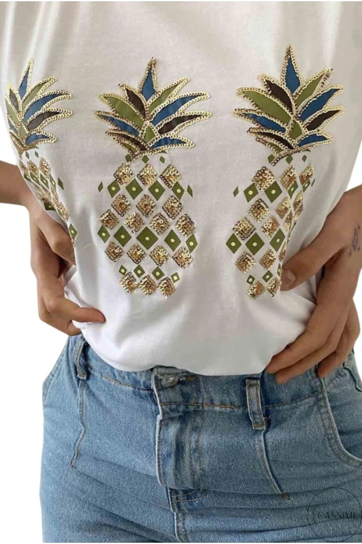 Tilda White Pineapple Sequin Cotton T-Shirt