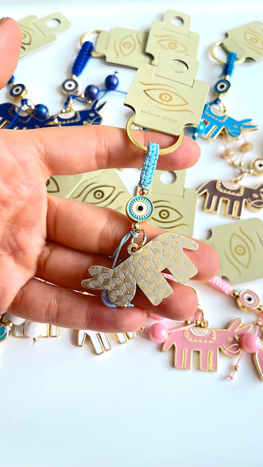 Light Blue Donkey Design Gold Evil Eye Keychain