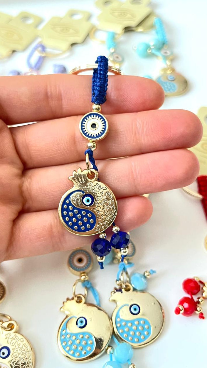 Dark Blue Pomegranate Abundance Design Gold Evil Eye Keychain