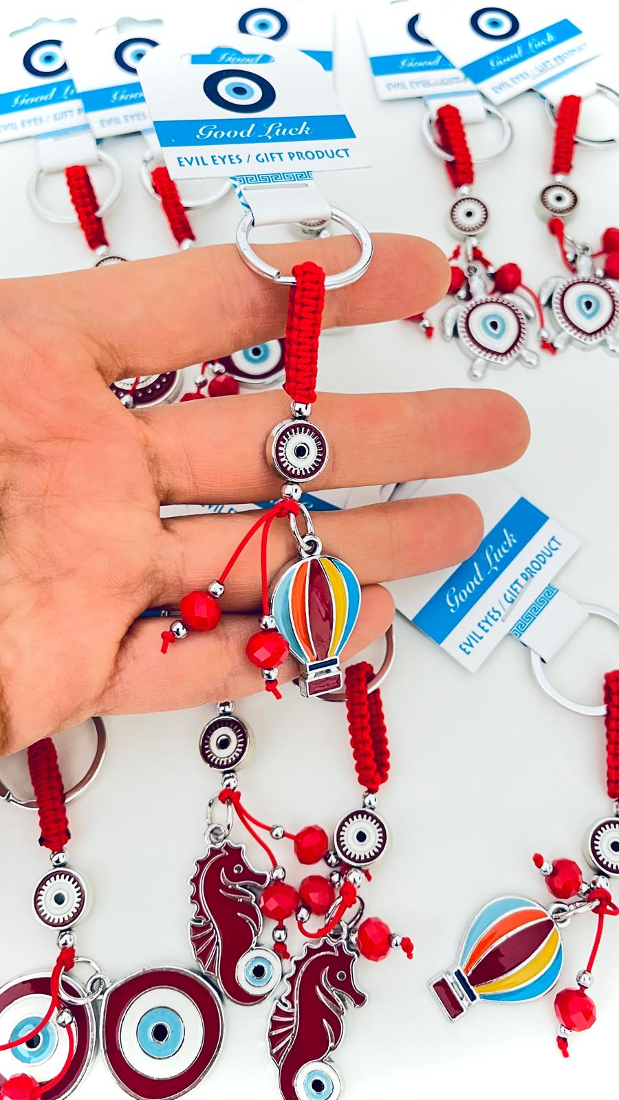 Red Balloon Design Silver Evil Eye Keychain