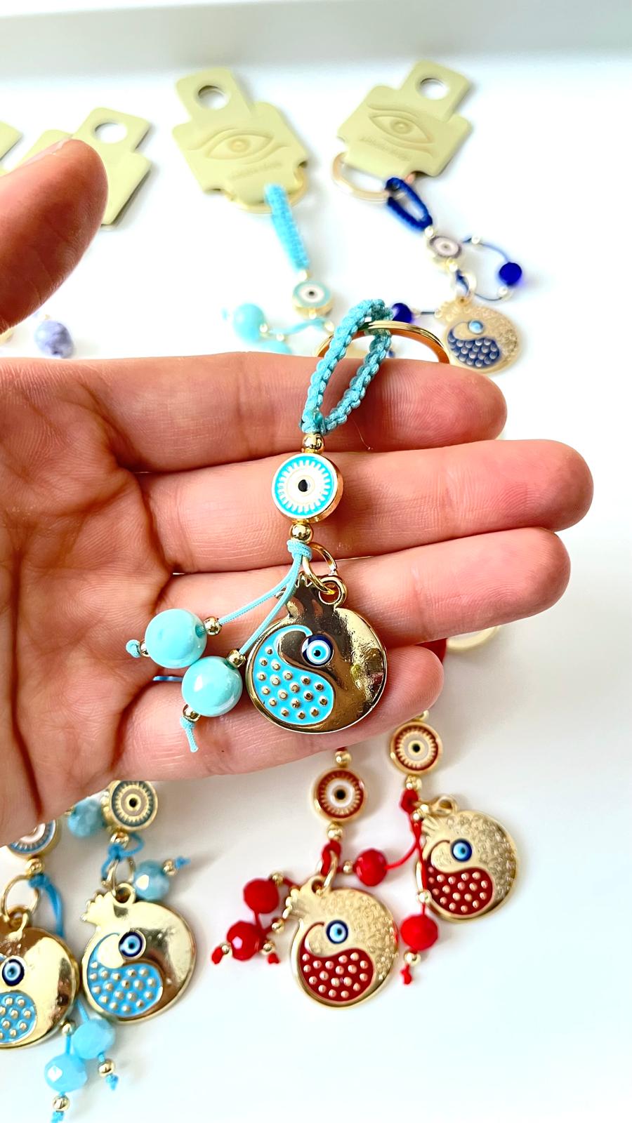 Turquoise Pomegranate Abundance Design Gold Evil Eye Keychain