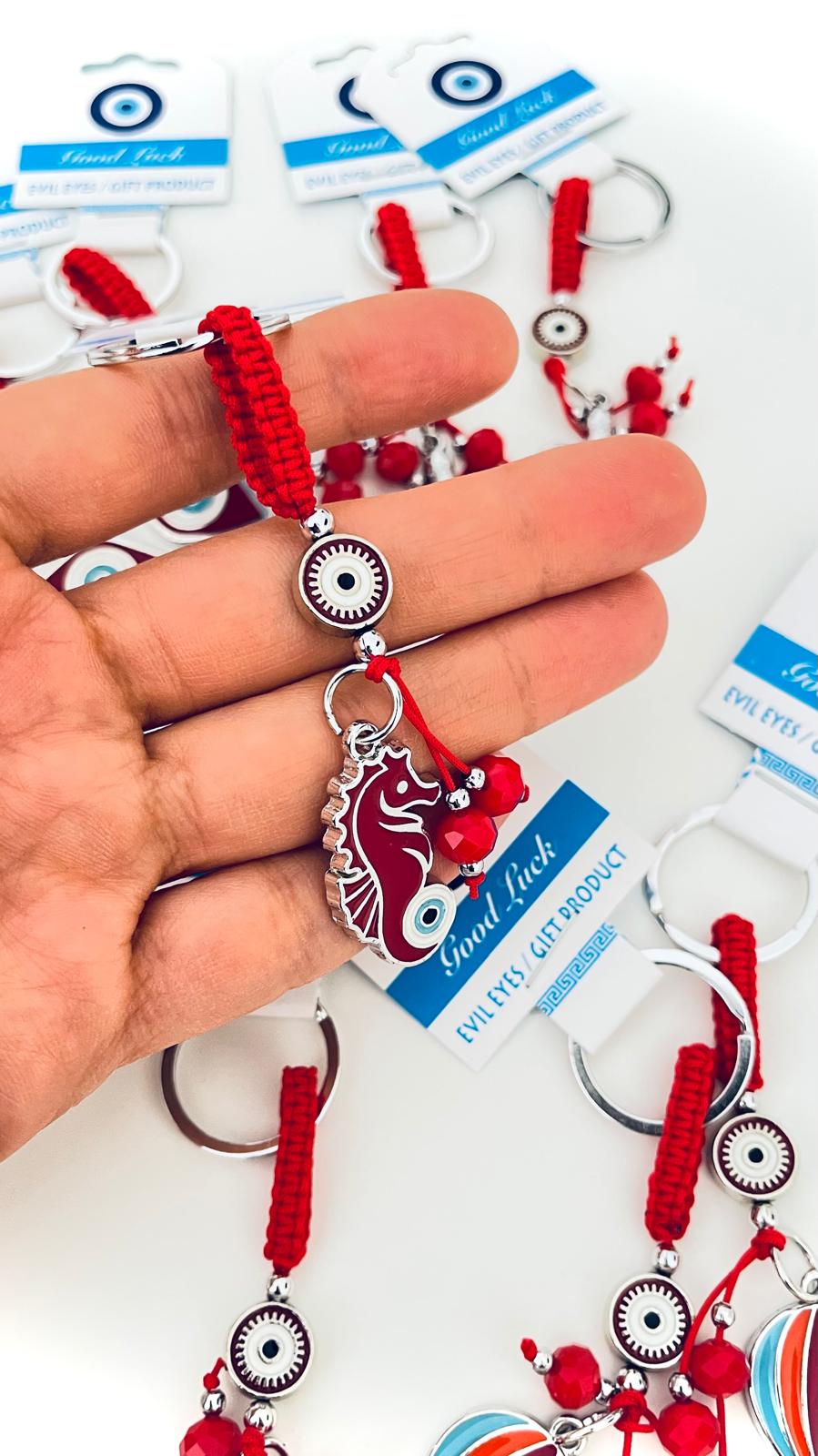 Sea Horse Design Silver Red Evil Eye Keychain