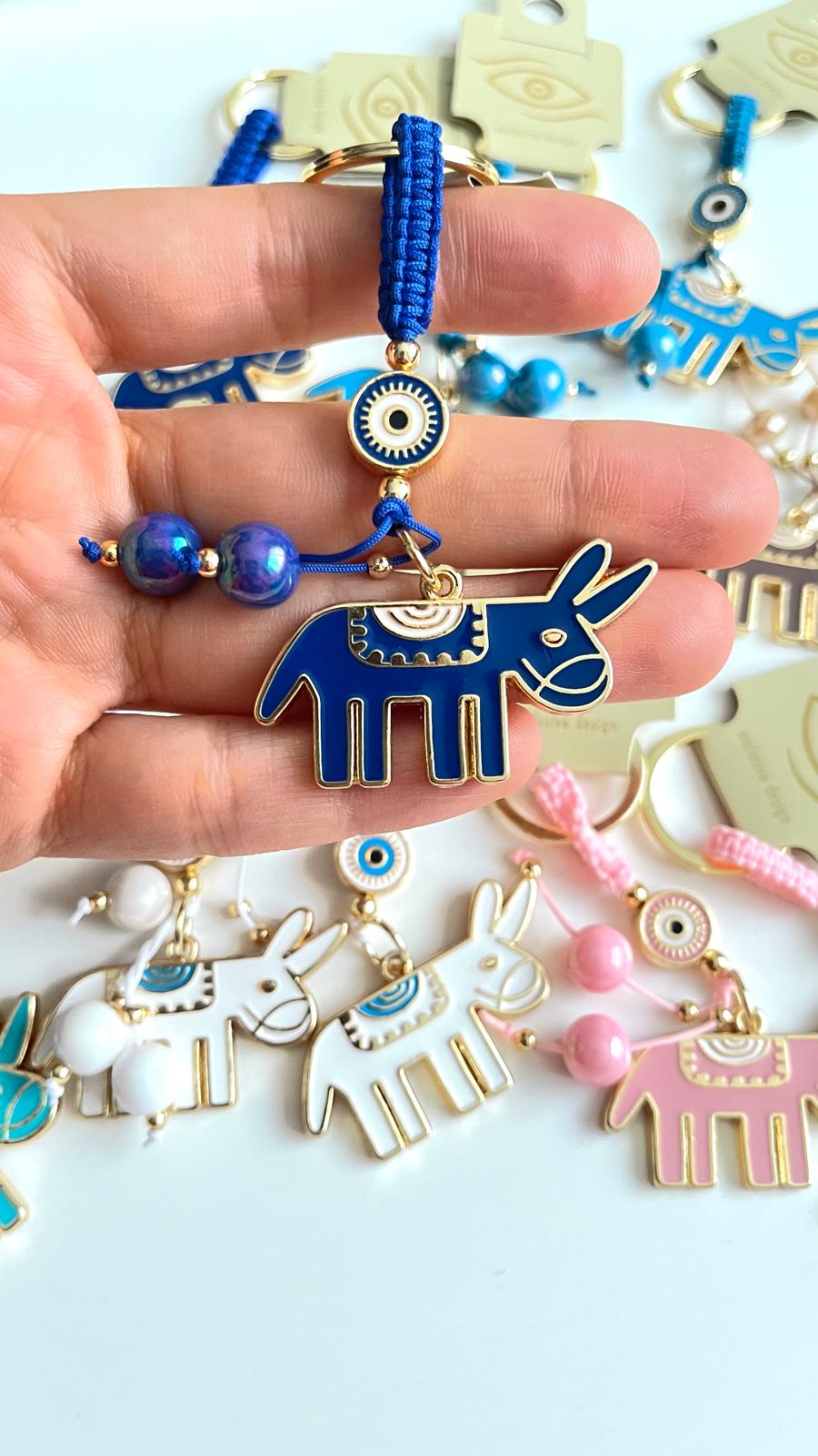 Dark Blue Donkey Design Gold Evil Eye Keychain