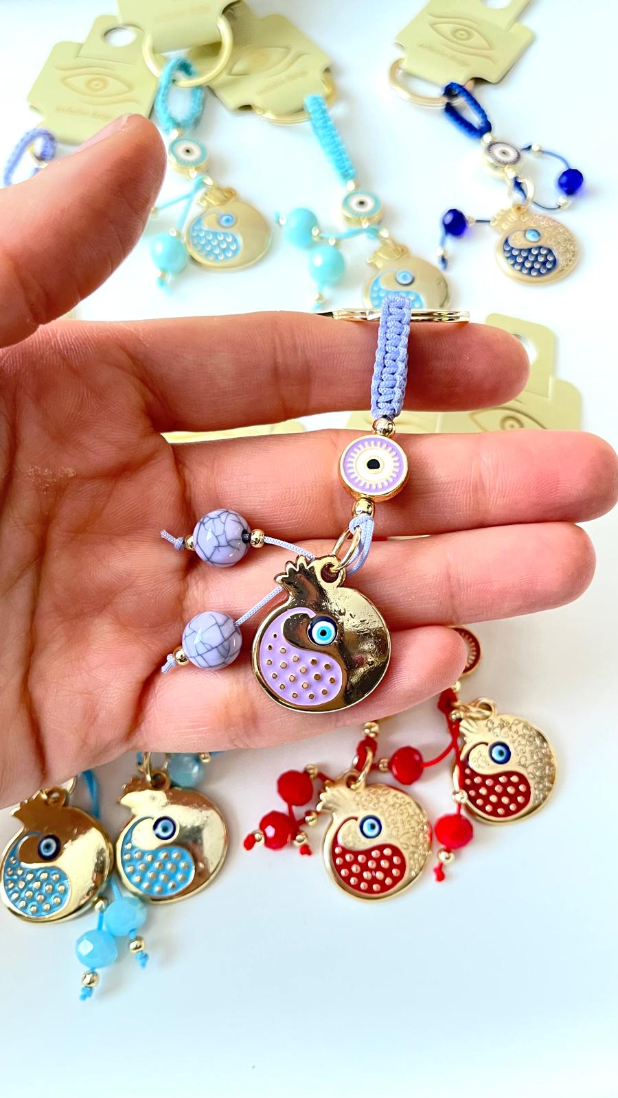 Lavender Pomegranate Abundance Design Gold Evil Eye Keychain