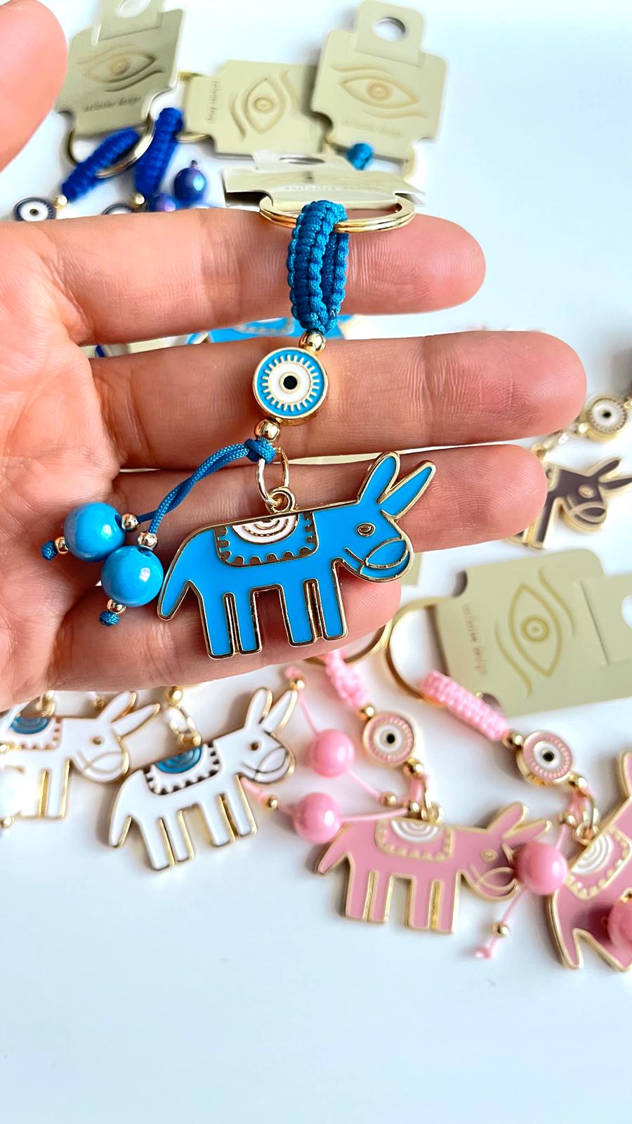 Blue Donkey Design Gold Evil Eye Keychain