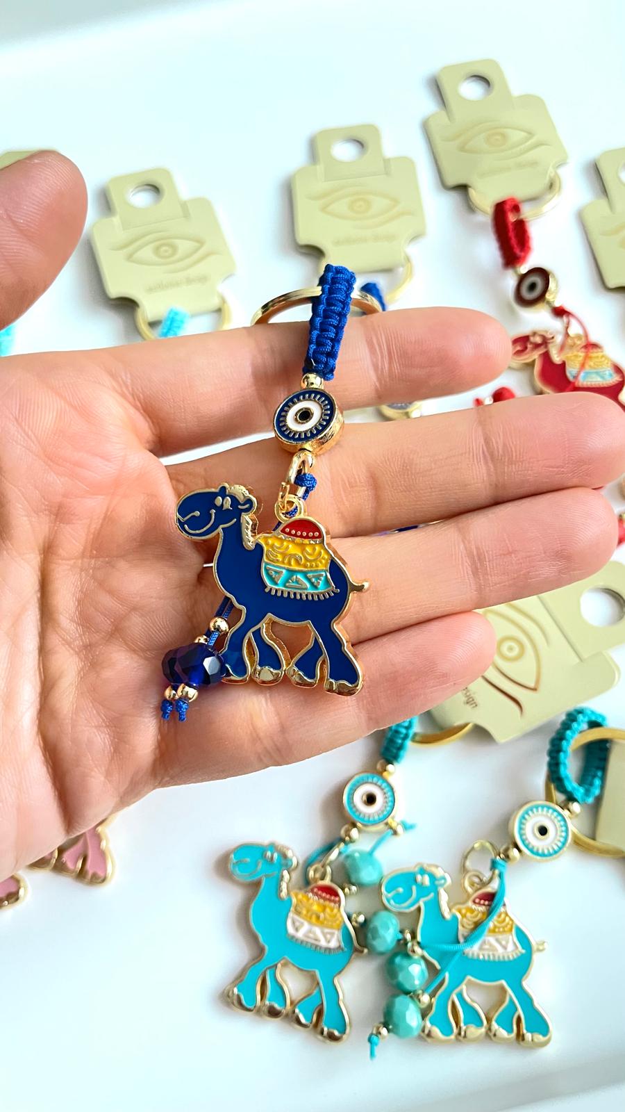 Dark Blue Camel Design Gold Evil Eye Keychain