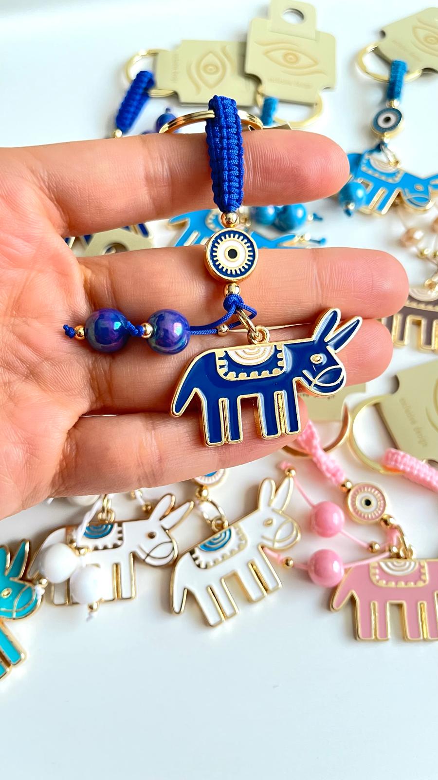 Dark Blue Donkey Design Gold Evil Eye Keychain