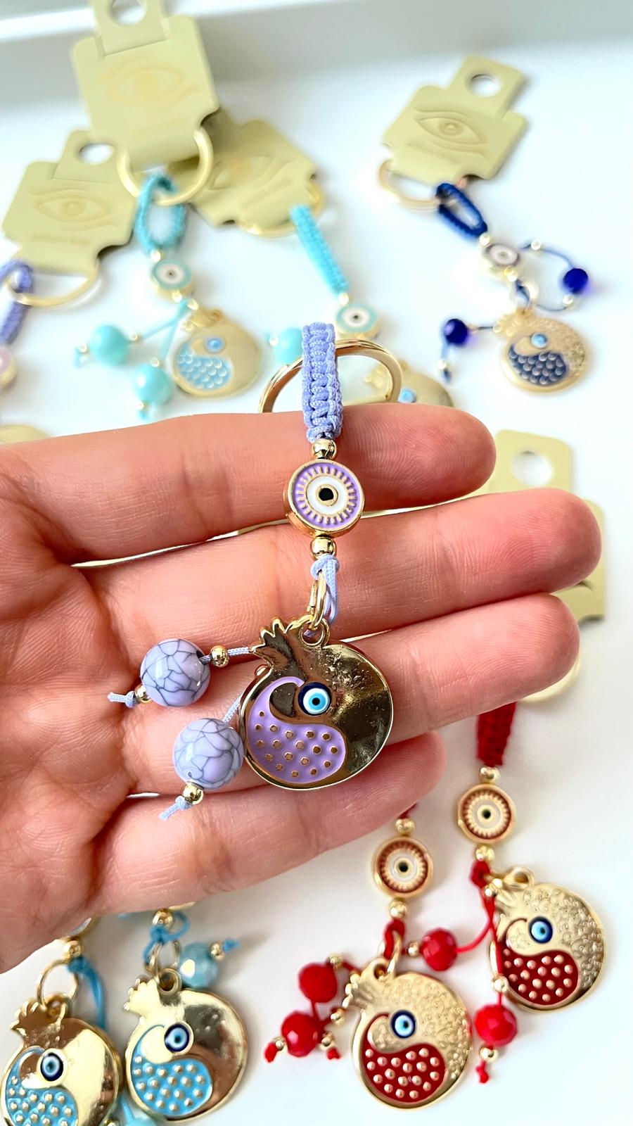 Lavender Pomegranate Abundance Design Gold Evil Eye Keychain