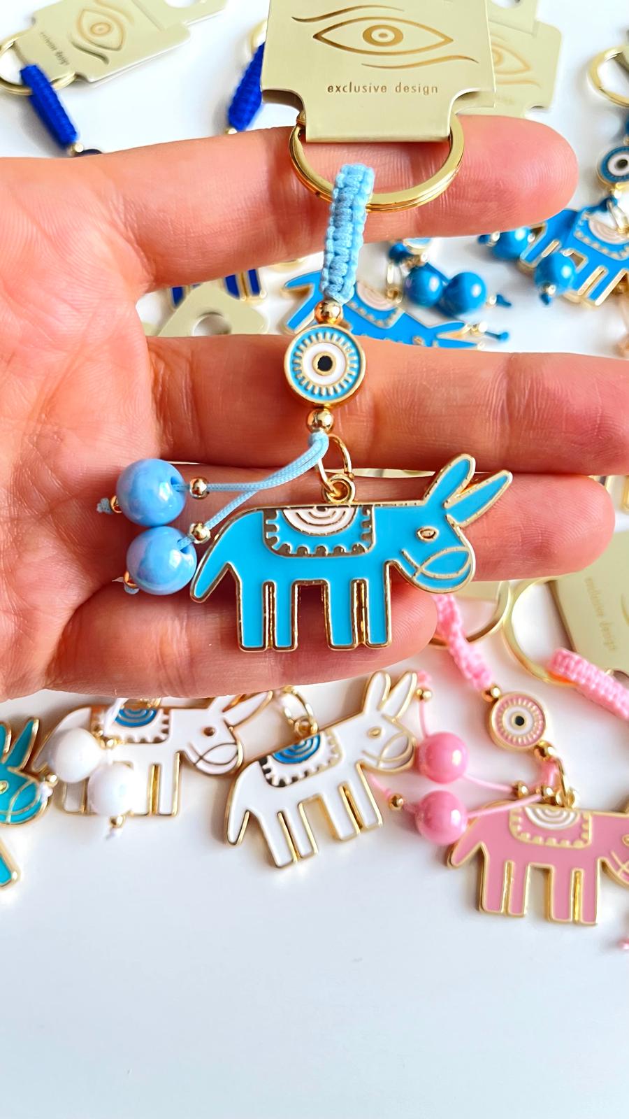 Light Blue Donkey Design Gold Evil Eye Keychain
