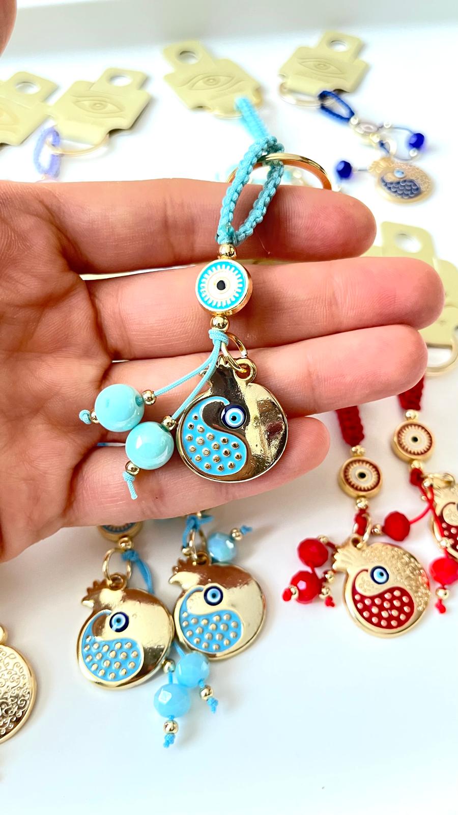 Turquoise Pomegranate Abundance Design Gold Evil Eye Keychain