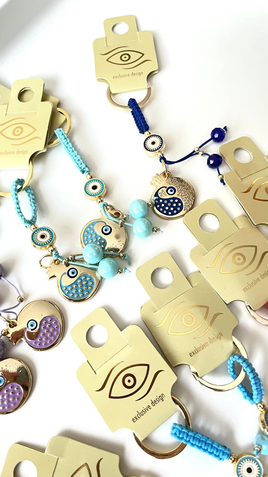 Dark Blue Pomegranate Abundance Design Gold Evil Eye Keychain