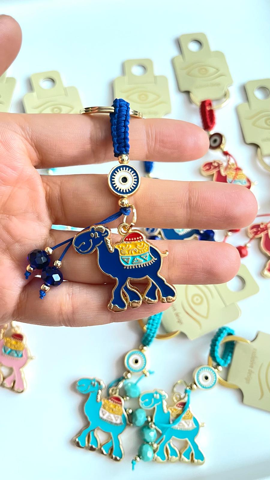 Dark Blue Camel Design Gold Evil Eye Keychain
