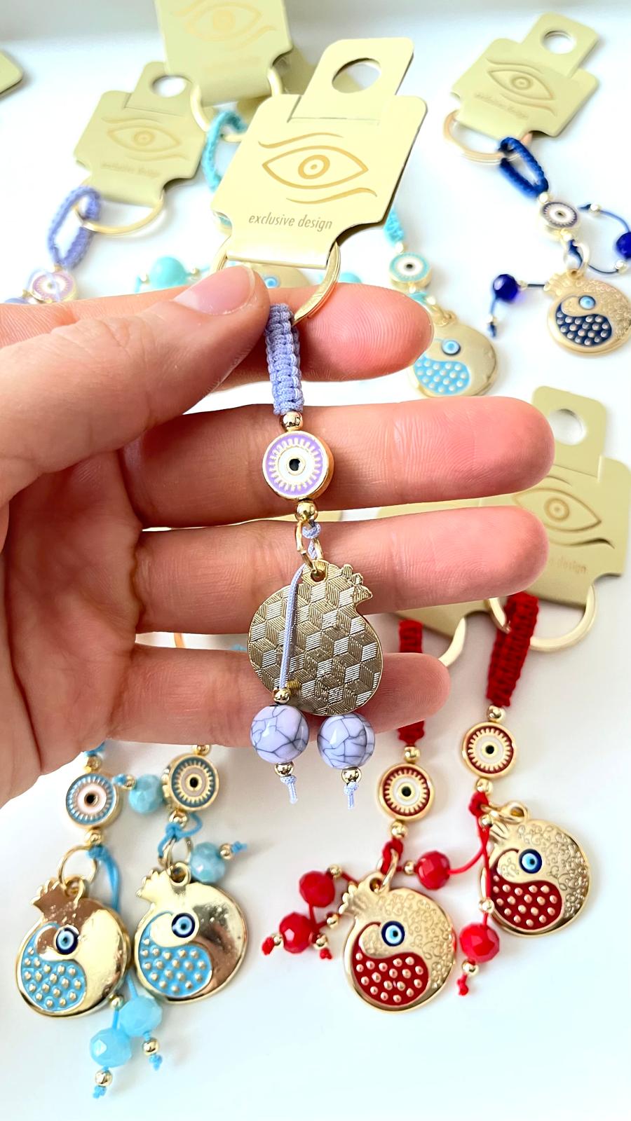 Lavender Pomegranate Abundance Design Gold Evil Eye Keychain
