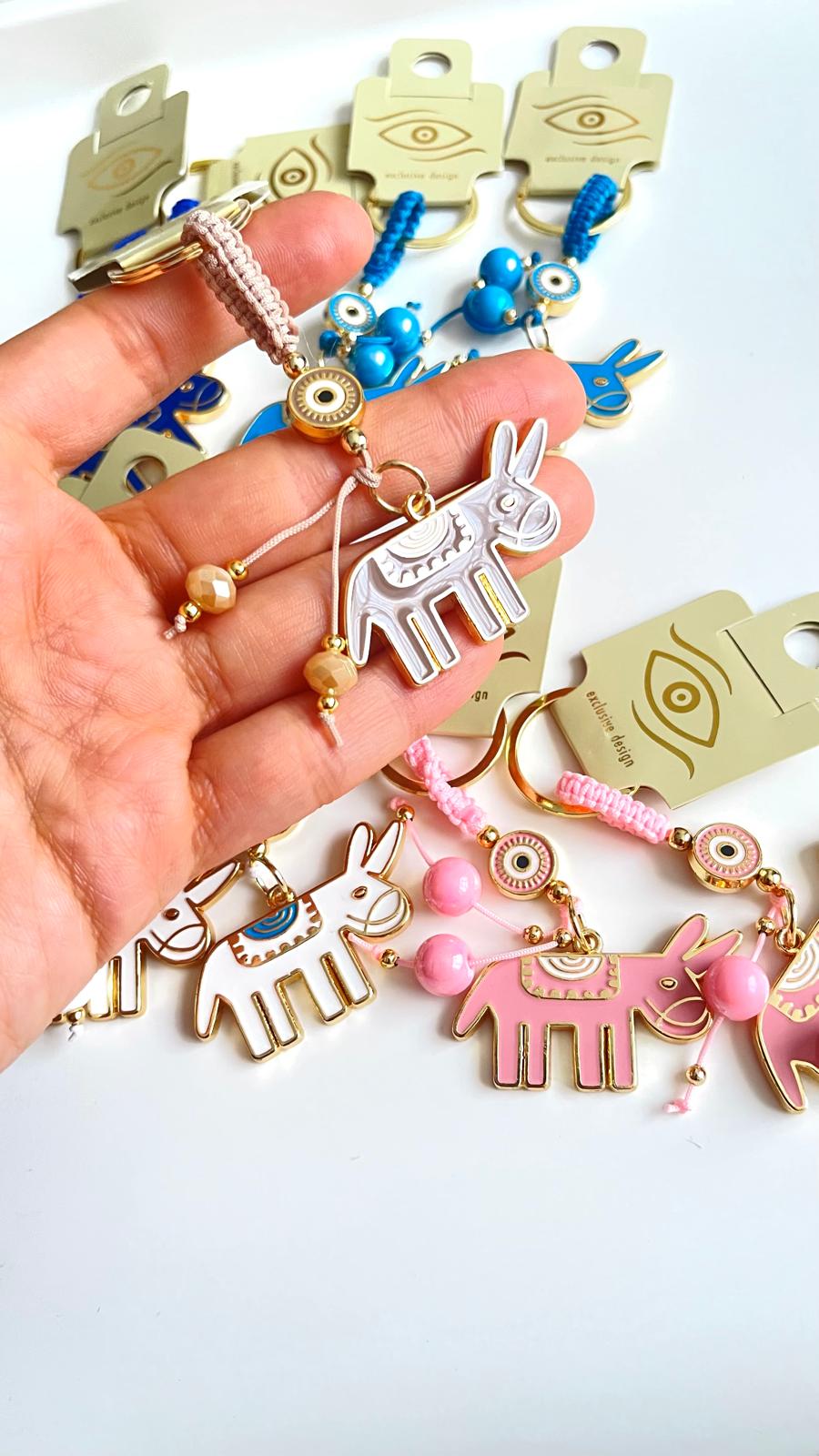 Beige Donkey Design Gold Evil Eye Keychain