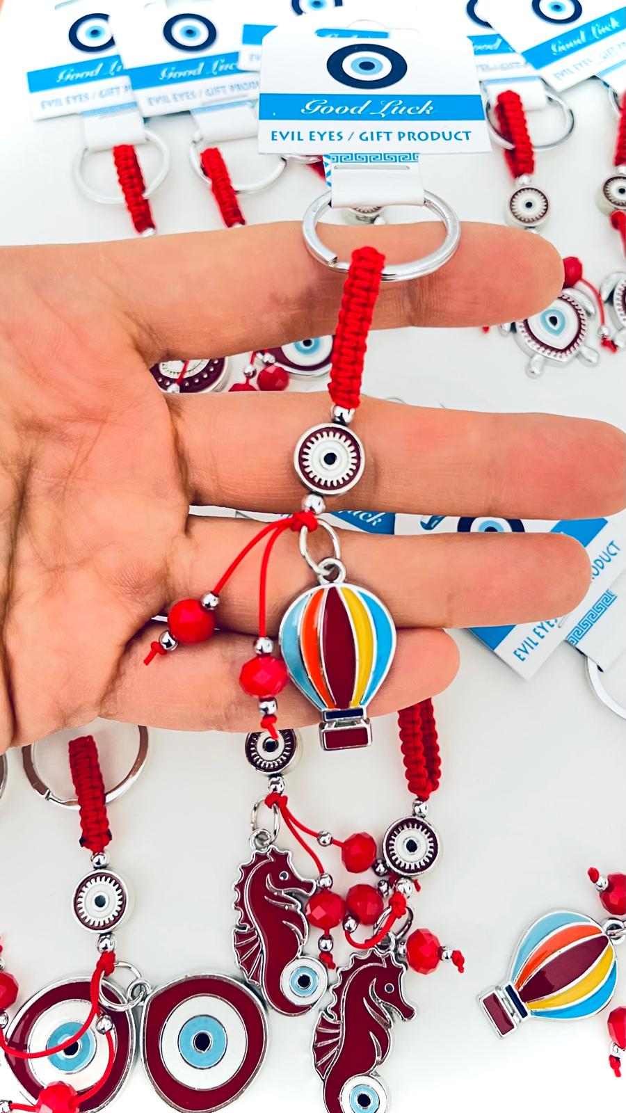 Red Balloon Design Silver Evil Eye Keychain