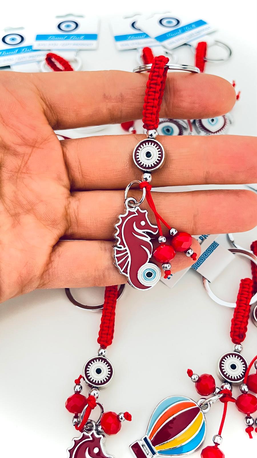 Sea Horse Design Silver Red Evil Eye Keychain