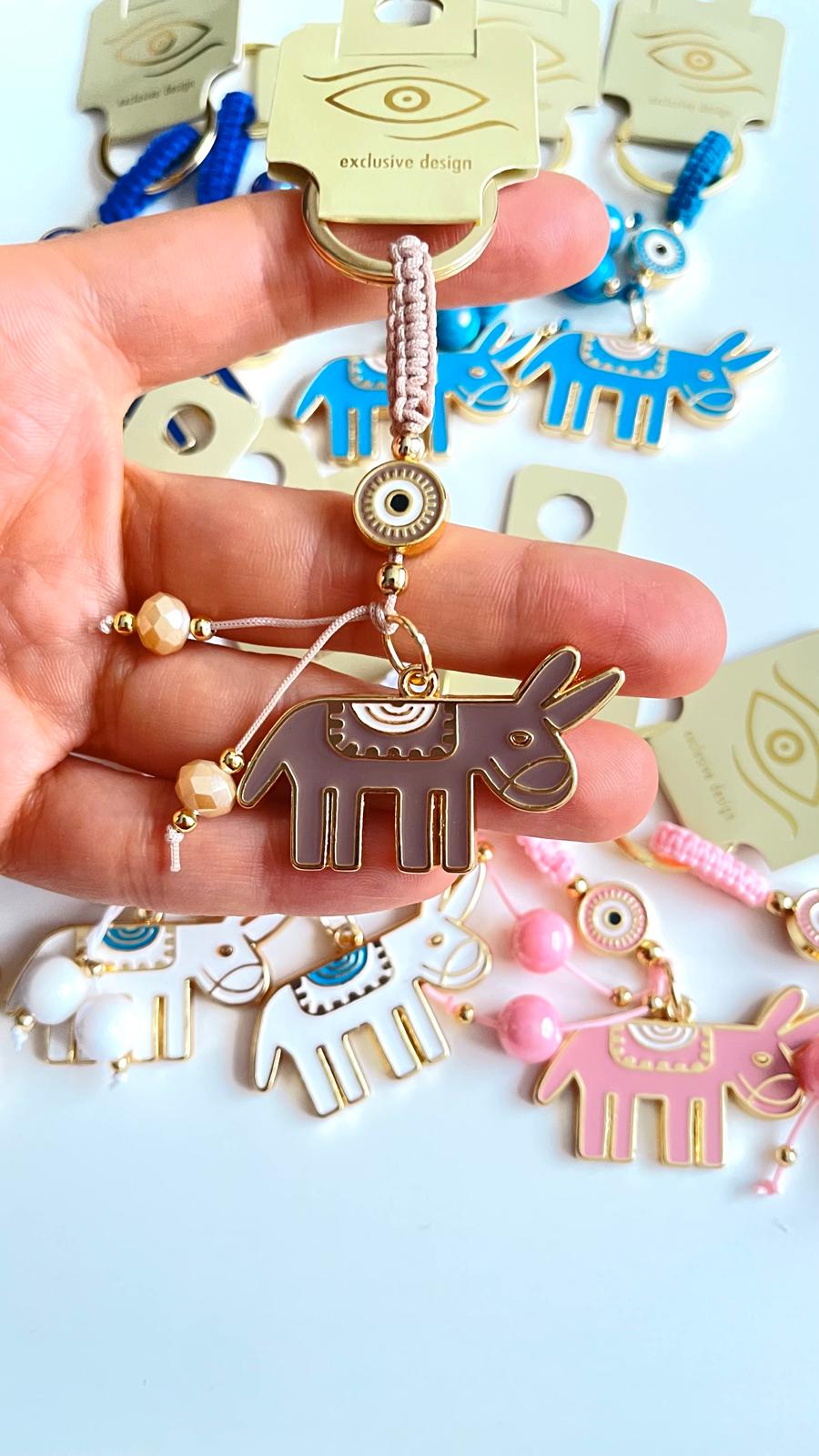 Beige Donkey Design Gold Evil Eye Keychain