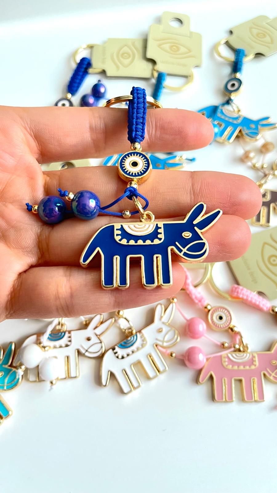 Dark Blue Donkey Design Gold Evil Eye Keychain