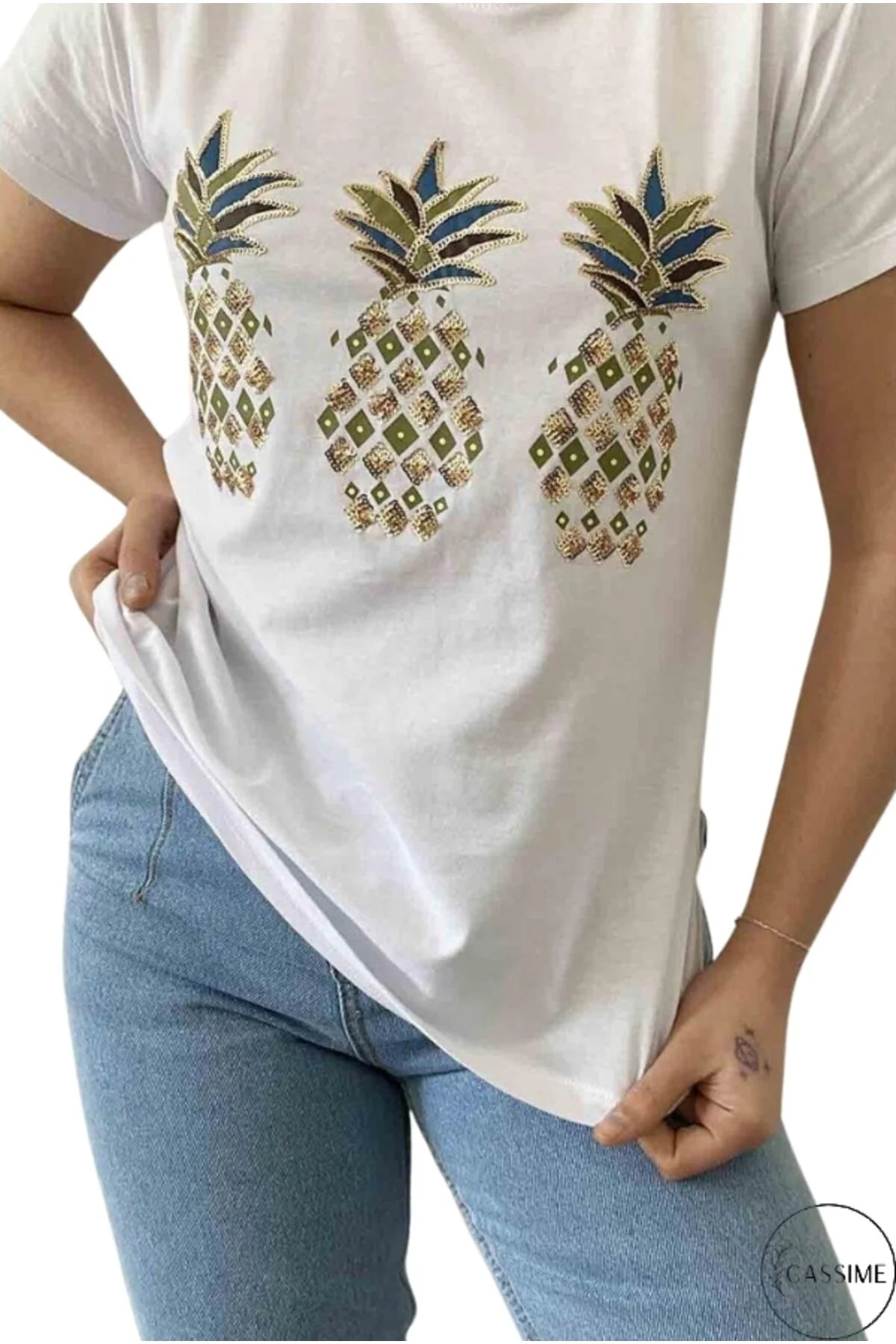 Tilda White Pineapple Sequin Cotton T-Shirt