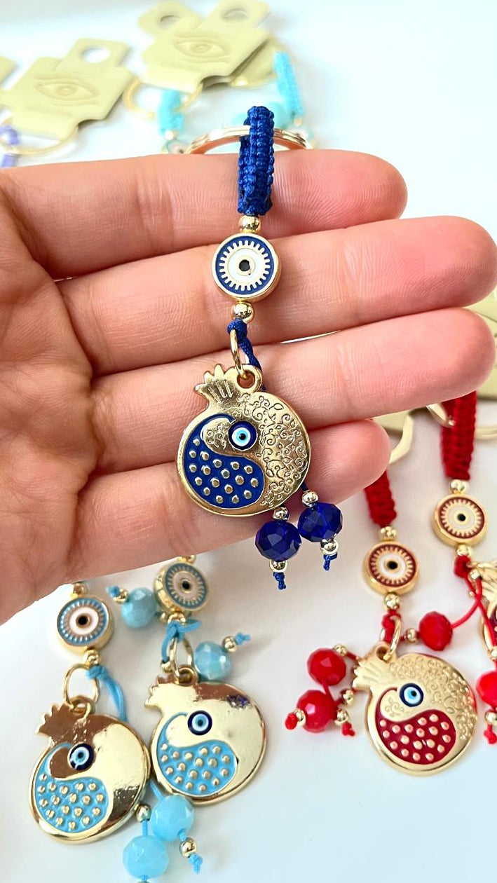 Dark Blue Pomegranate Abundance Design Gold Evil Eye Keychain