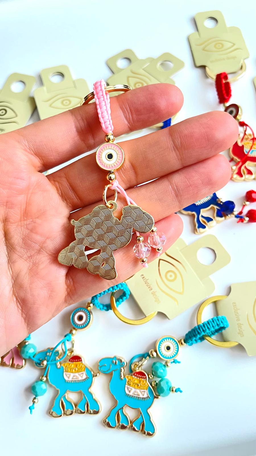 Pink Camel Design Gold Evil Eye Keychain