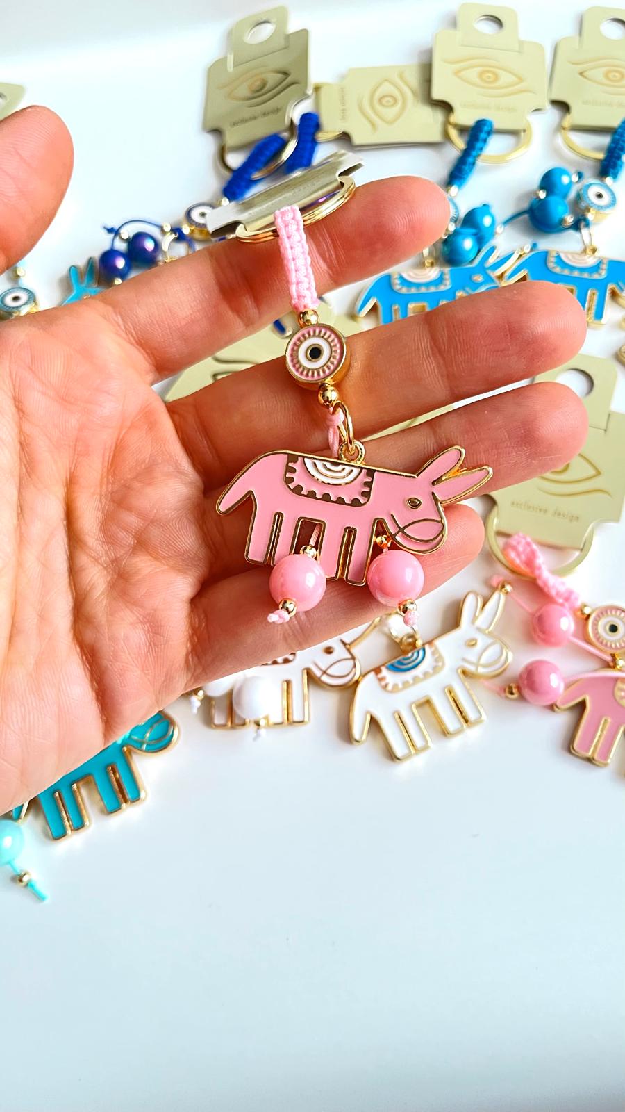 Pink Donkey Design Gold Evil Eye Keychain