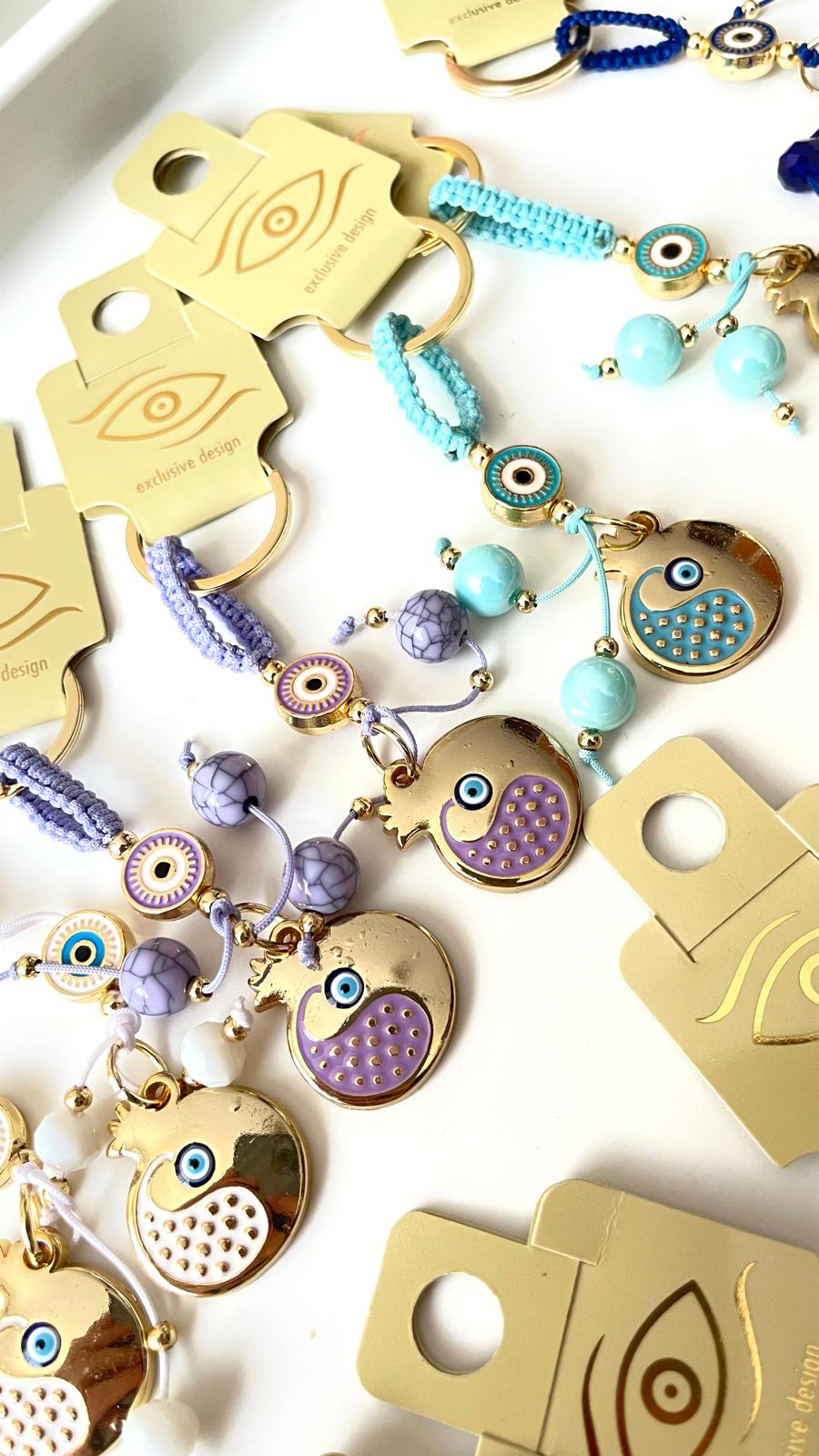 Lavender Pomegranate Abundance Design Gold Evil Eye Keychain