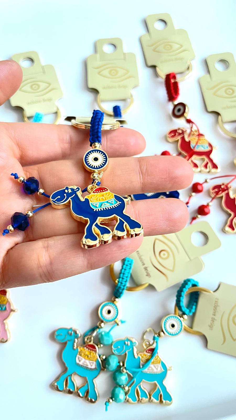 Dark Blue Camel Design Gold Evil Eye Keychain