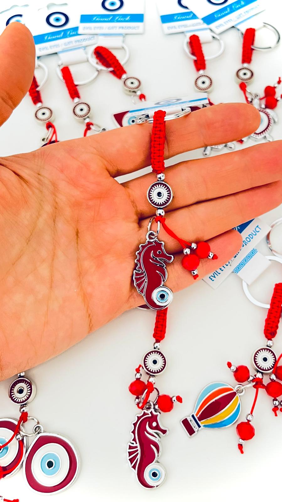 Sea Horse Design Silver Red Evil Eye Keychain