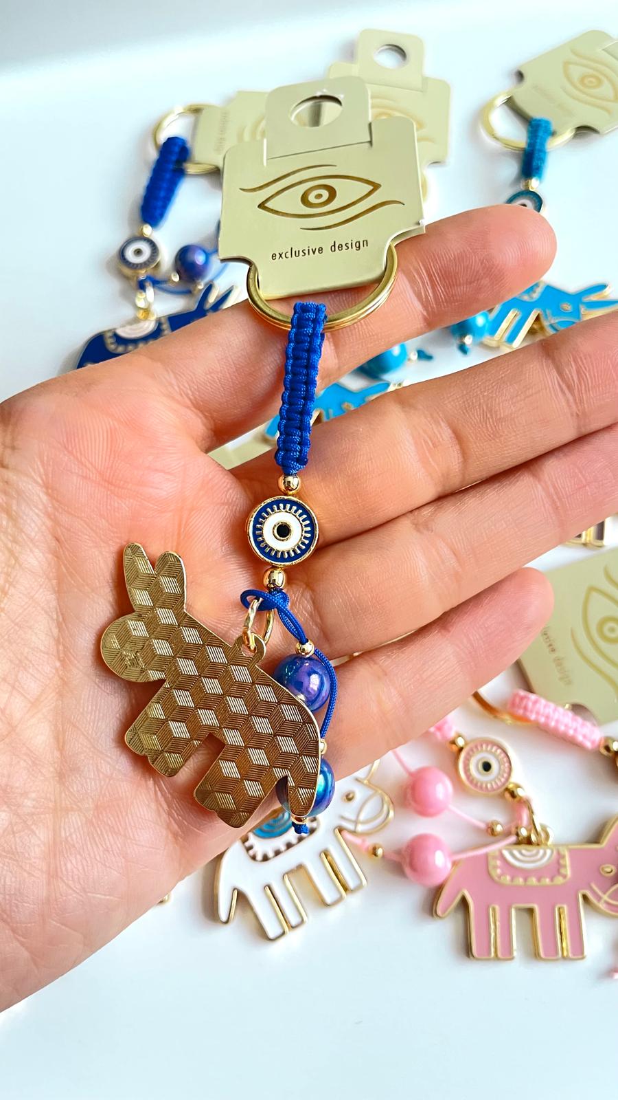Dark Blue Donkey Design Gold Evil Eye Keychain