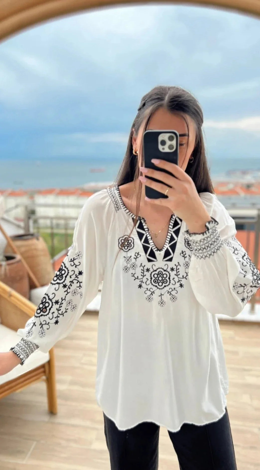 Bohemian Elegance Embroidered Cotton Blouse